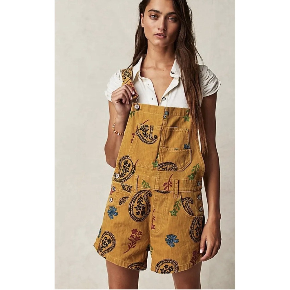 We The Free People ZIGGY Printed shortalls Women Size XS Gold Combo Denim Boho